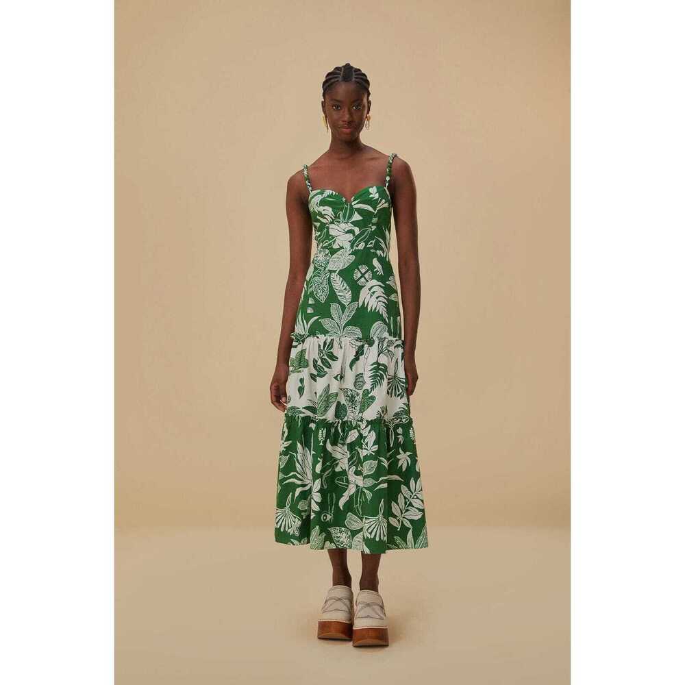 FARM Rio Green and White Tropical Tiered Midi Dress with Sweetheart Neck